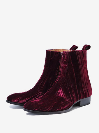 メンズブーツ チェルシーブーツ バーガンディ ベルベット ラウンドトゥ アンクルドレスブーツ