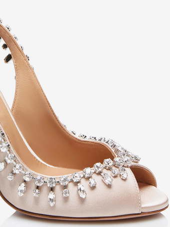 サテン スリングバック パンプス ピープトゥ ラインストーン ハイヒール パーティーシューズ