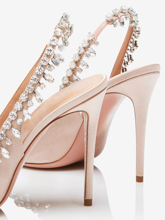 サテン スリングバック パンプス ピープトゥ ラインストーン ハイヒール パーティーシューズ