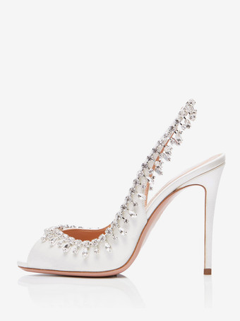 サテン スリングバック パンプス ピープトゥ ラインストーン ハイヒール パーティーシューズ