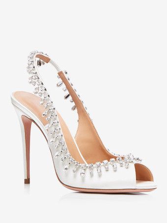 サテン スリングバック パンプス ピープトゥ ラインストーン ハイヒール パーティーシューズ