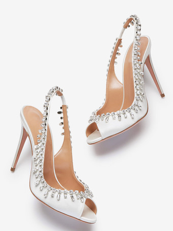 ホワイト サテン スリングバック パンプス ピープトゥ ラインストーン ハイヒール パーティーシューズ