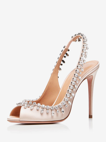 サテン スリングバック パンプス ピープトゥ ラインストーン ハイヒール パーティーシューズ