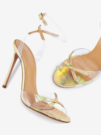 Sandalias de tacón alto para mujer zapatos de fiesta con tiras y tacón de aguja con parches