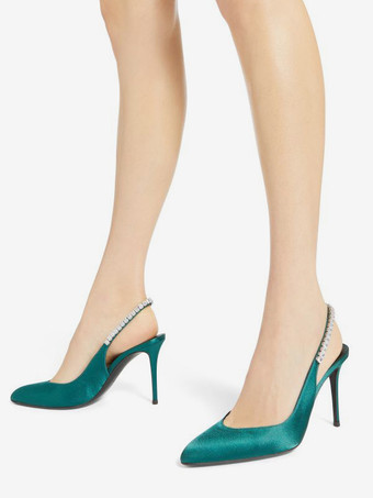 サテン パーティーシューズ スリングバック ラインストーン ハイヒール パンプス レディース