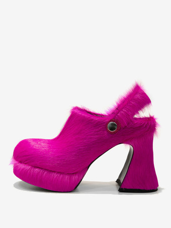 RoseWomen's Faux Fur Clogs Chunky Heel Horse Hair Slingback High Heels