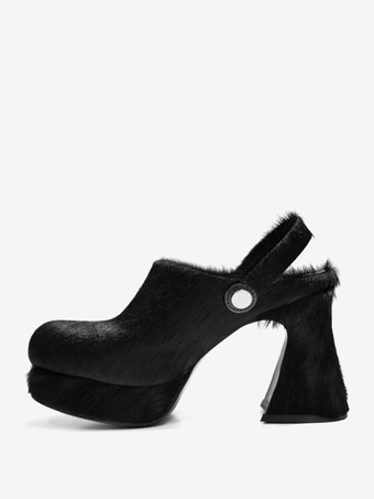 Black Women's Faux Fur Clogs Chunky Heel Horse Hair Slingback High Heels