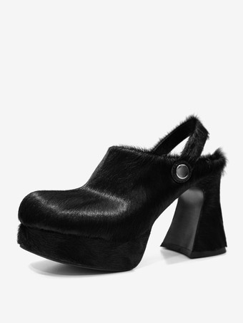 Women's Faux Fur Clogs Chunky Heel Horse Hair Slingback High Heels