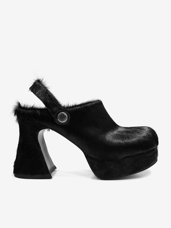 Women's Faux Fur Clogs Chunky Heel Horse Hair Slingback High Heels