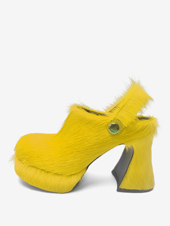 YellowWomen's Faux Fur Clogs Chunky Heel Horse Hair Slingback High Heels