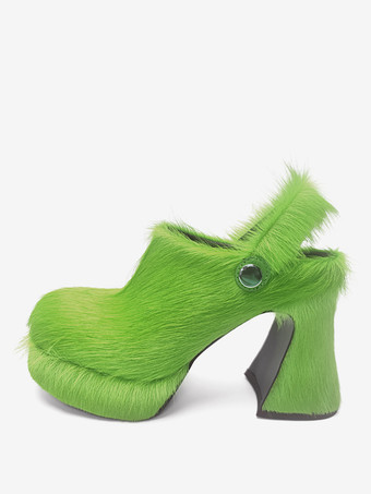 Green Women's Faux Fur Clogs Chunky Heel Horse Hair Slingback High Heels