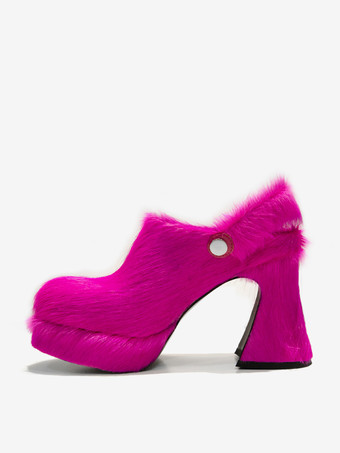 Women's Faux Fur Clogs Chunky Heel Horse Hair Slingback High Heels