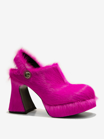 Women's Faux Fur Clogs Chunky Heel Horse Hair Slingback High Heels