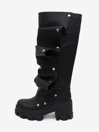 ブラック ブラウン ニーハイブーツ レディース プラットフォーム チャンキーヒール 膝丈ブーツ