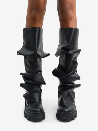 ブラウン ニーハイブーツ レディース プラットフォーム チャンキーヒール 膝丈ブーツ