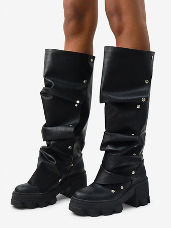 ブラウン ニーハイブーツ レディース プラットフォーム チャンキーヒール 膝丈ブーツ