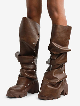 ブラウン ニーハイブーツ レディース プラットフォーム チャンキーヒール 膝丈ブーツ