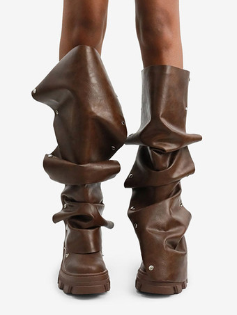 ブラウン ニーハイブーツ レディース プラットフォーム チャンキーヒール 膝丈ブーツ