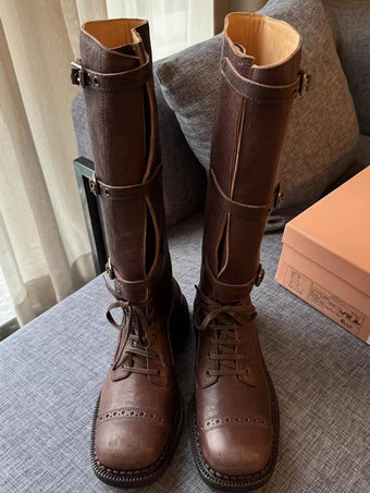 ディープブラウンブラック コンバット ニーハイブーツ レディース ラウンドトゥ バックルディテール レースアップブーツ