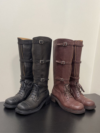 ブラック コンバット ニーハイブーツ レディース ラウンドトゥ バックルディテール レースアップブーツ