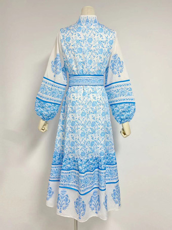 パーティードレス プリント スタンドカラー ランタンスリーブ ベルト付き フォークロア ミディドレス