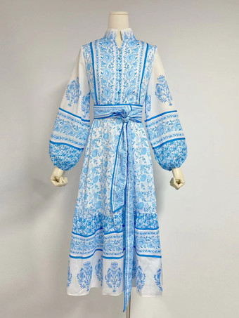 パーティードレス プリント スタンドカラー ランタンスリーブ ベルト付き フォークロア ミディドレス