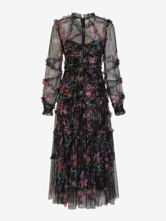 パーティードレス フリル レイヤード イリュージョンスリーブ エレガント フォークロア ロングドレス