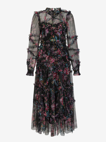 パーティードレス フリル レイヤード イリュージョンスリーブ エレガント フォークロア ロングドレス