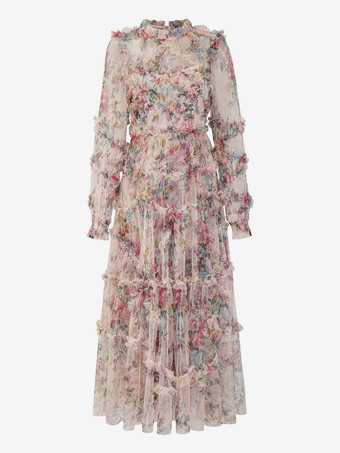 パーティードレス フリル レイヤード イリュージョンスリーブ エレガント フォークロア ロングドレス