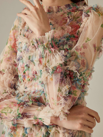 パーティードレス フリル レイヤード イリュージョンスリーブ エレガント フォークロア ロングドレス