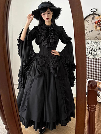ゴシックロリータ衣装 黒 フリル リボン レース 長袖 ブラウス スカート