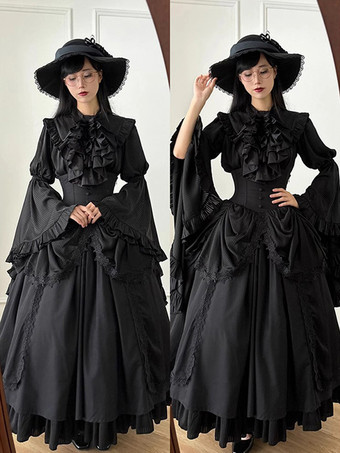 ゴシックロリータ衣装 黒 フリル リボン レース 長袖 ブラウス スカート