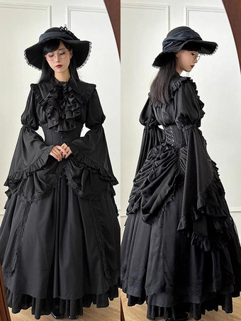 ゴシックロリータ衣装 黒 フリル リボン レース 長袖 ブラウス スカート