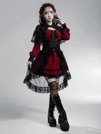 Robes gothiques Lolita à volants et mini cape en dentelle superposée avec nœuds