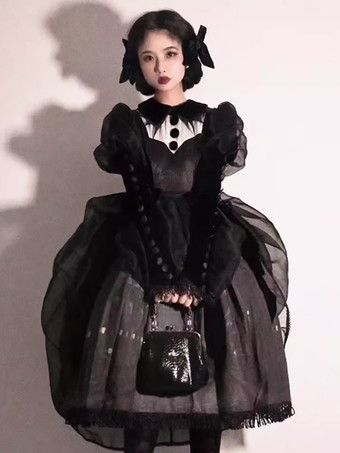 ブラック   ゴシック ロリータ ドレス フリル リボン 花柄 ブラック ブラック