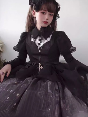   ゴシック ロリータ ドレス フリル リボン 花柄 ブラック ブラック