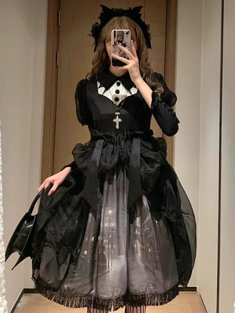   ゴシック ロリータ ドレス フリル リボン 花柄 ブラック ブラック
