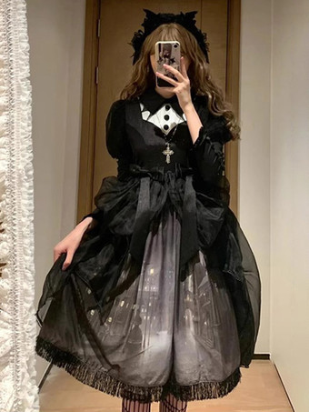   ゴシック ロリータ ドレス フリル リボン 花柄 ブラック ブラック