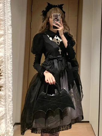   ゴシック ロリータ ドレス フリル リボン 花柄 ブラック ブラック