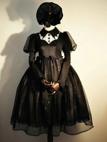   ゴシック ロリータ ドレス フリル リボン 花柄 ブラック ブラック