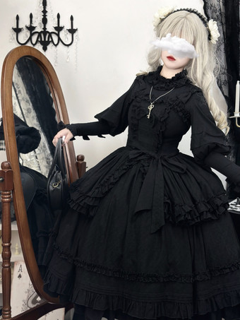 Klassischer schwarzer Gothic Lolita SK Rock mit Rüschenlagen und Schleifendetail