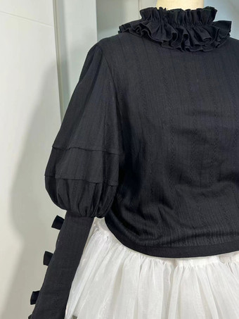 ゴシックロリータブラウス ブラック 長袖 ロリータトップ フリル リボン ジャカード ロリータシャツ