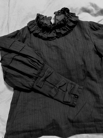ゴシックロリータブラウス ブラック 長袖 ロリータトップ フリル リボン ジャカード ロリータシャツ