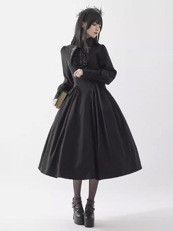 ブラック   ゴシック ロリータ ドレス プリーツ フリル ブラック ブラック