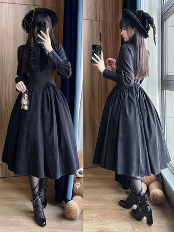   ゴシック ロリータ ドレス プリーツ フリル ブラック ブラック