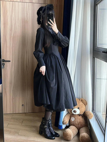   ゴシック ロリータ ドレス プリーツ フリル ブラック ブラック