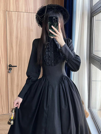   ゴシック ロリータ ドレス プリーツ フリル ブラック ブラック