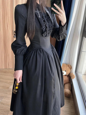   ゴシック ロリータ ドレス プリーツ フリル ブラック ブラック