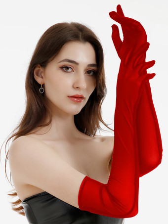 レッド 女性デート用ブラックサテンイブニングパーティーダンス肘丈オペラグローブ