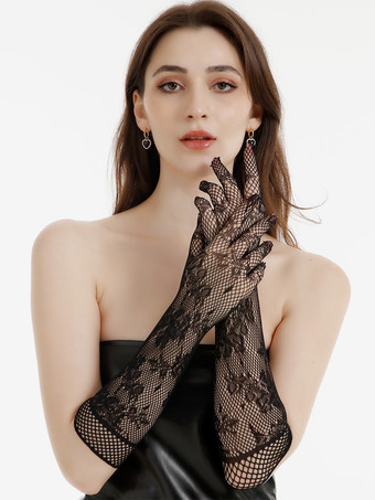 ブラック ロングチュールグローブ 伸縮性のあるレース ウェディング イブニング パーティー